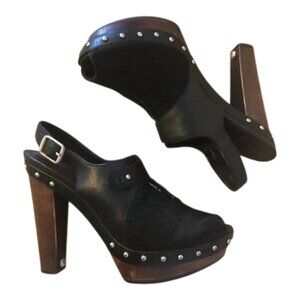 UGG Heels Women's Size 8.5 Black Leather Studded CALF HAIR Nicco Shoes Peep Toe